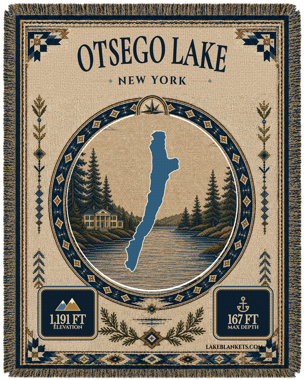 Otsego Lake New York landmark woven blanket with exact lake silhouette, Hyde Hall-inspired shoreline scene, verified depth and elevation, border, and fringe