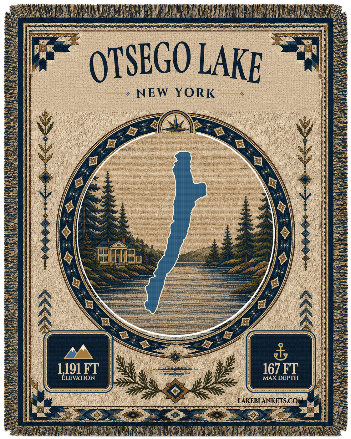 Otsego Lake New York landmark woven blanket with exact lake silhouette, Hyde Hall-inspired shoreline scene, verified depth and elevation, border, and fringe