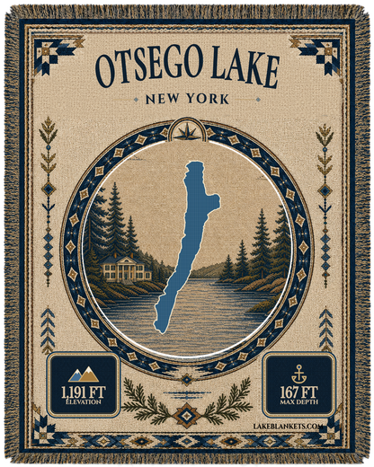 Otsego Lake New York landmark woven blanket with exact lake silhouette, Hyde Hall-inspired shoreline scene, verified depth and elevation, border, and fringe
