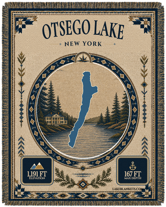 Otsego Lake New York landmark woven blanket with exact lake silhouette, Hyde Hall-inspired shoreline scene, verified depth and elevation, border, and fringe