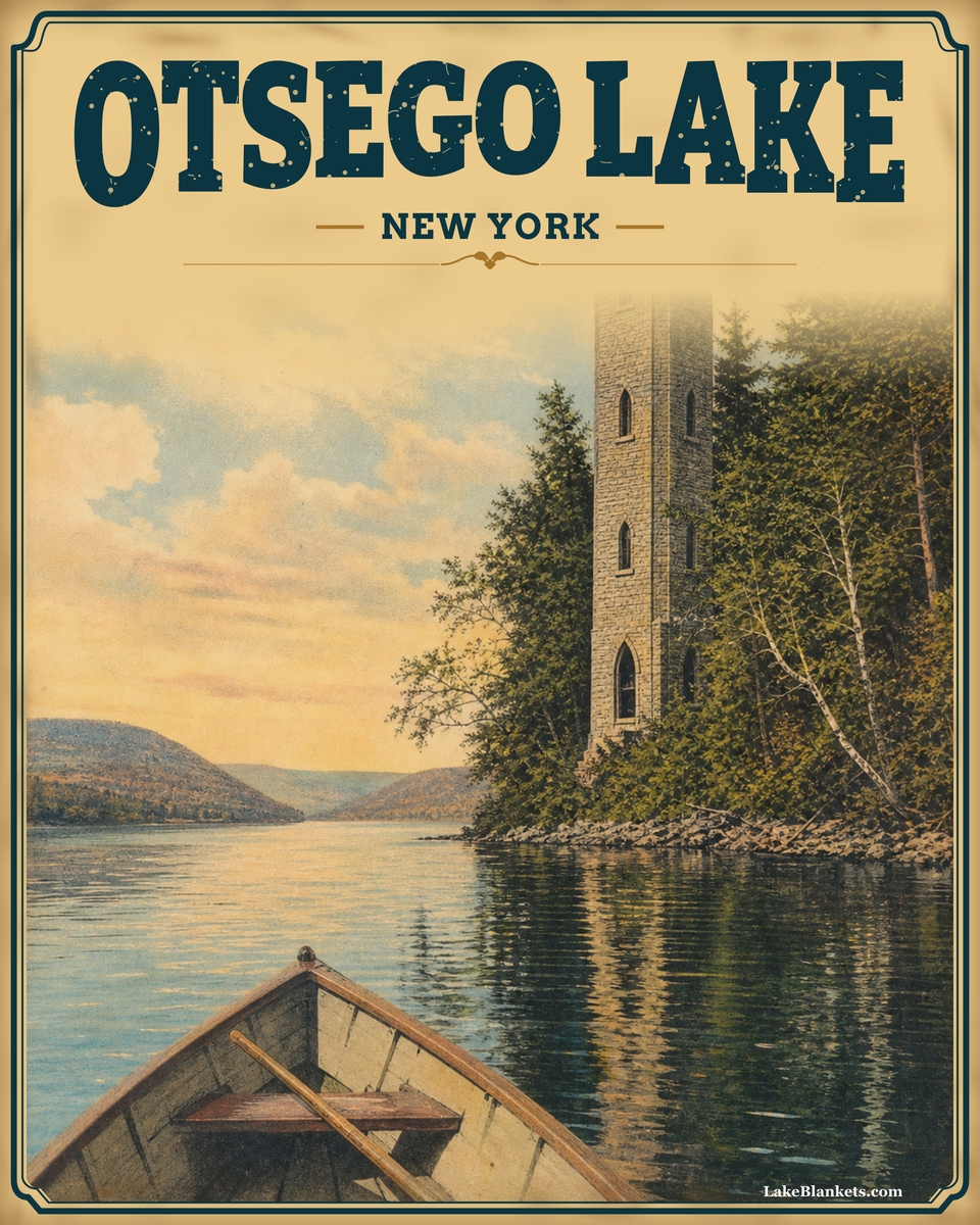 Otsego Lake New York sherpa blanket with vintage postcard scene of a rowing skiff approaching Kingfisher Tower on a wooded shore