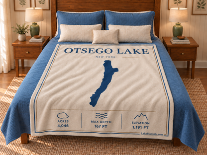 Otsego Lake Minimalist blanket displayed on a bed