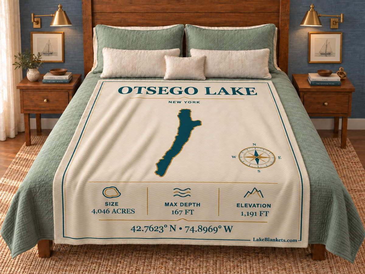 Otsego Lake Minimalist Navigation blanket displayed on a bed