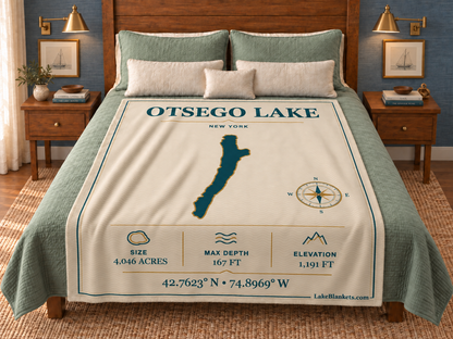 Otsego Lake Minimalist Navigation blanket displayed on a bed