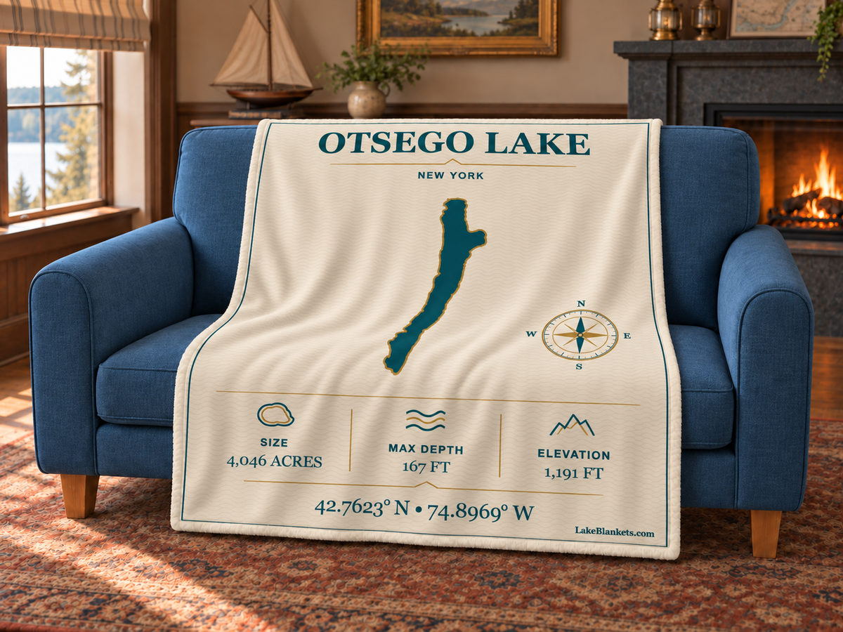Otsego Lake Minimalist Navigation blanket draped over a couch