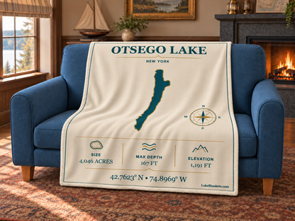 Otsego Lake Minimalist Navigation blanket draped over a couch
