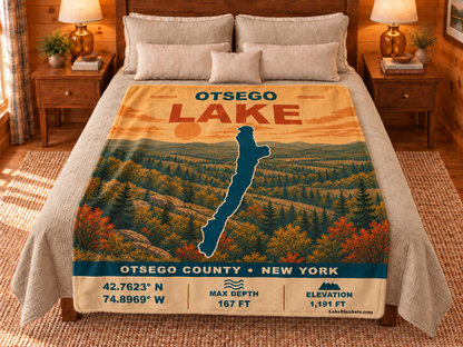 Otsego Lake Vintage blanket displayed on a bed