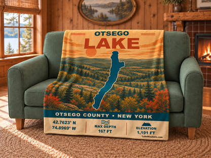 Otsego Lake Vintage blanket draped over a couch