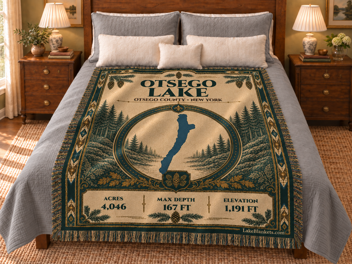 Otsego Lake Woven Heritage blanket displayed on a bed