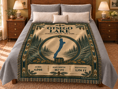 Otsego Lake Woven Heritage blanket displayed on a bed