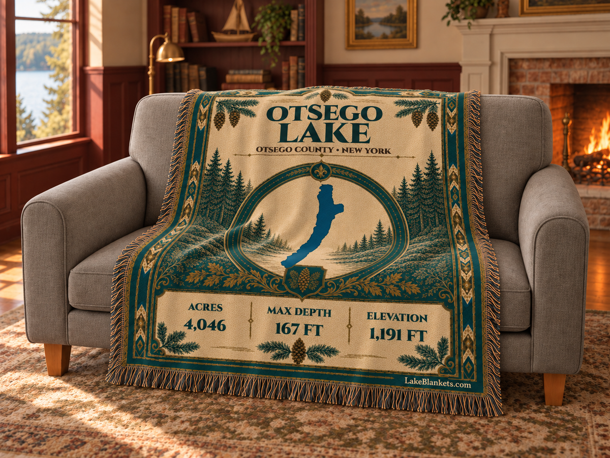 Otsego Lake Woven Heritage blanket draped over a couch
