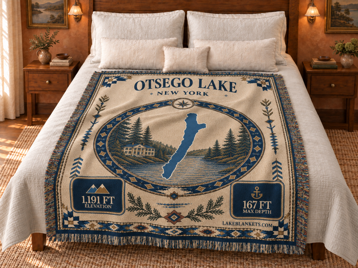 Otsego Lake Woven Landmark Medallion blanket displayed on a bed