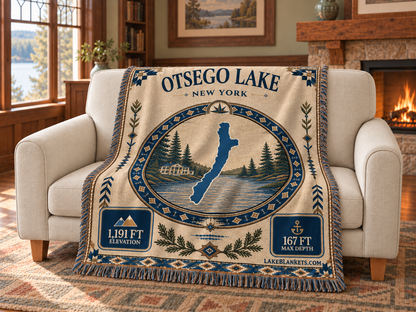 Otsego Lake Woven Landmark Medallion blanket draped over a couch