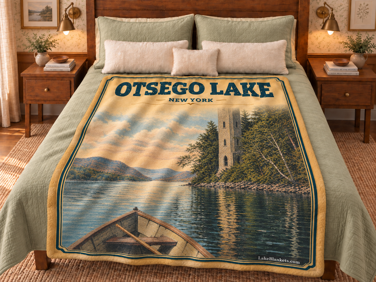 Otsego Lake Photoesc blanket displayed on a bed