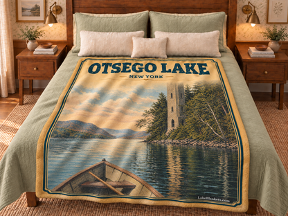 Otsego Lake Photoesc blanket displayed on a bed