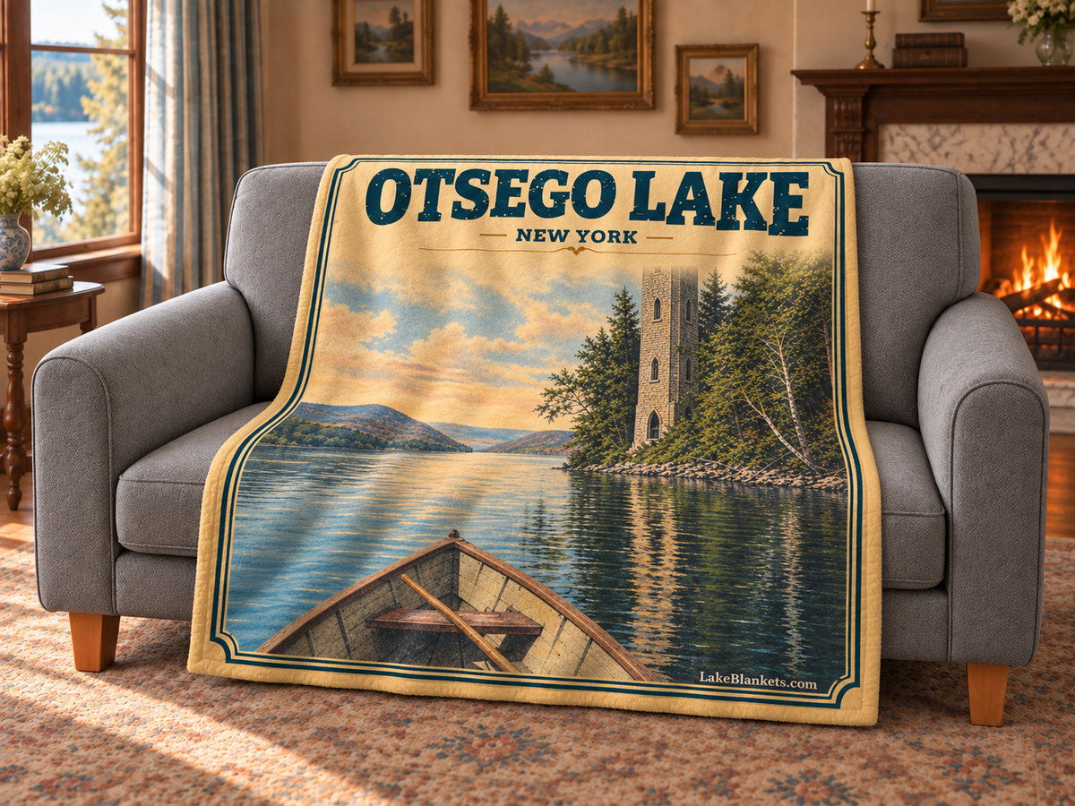 Otsego Lake Photoesc blanket draped over a couch