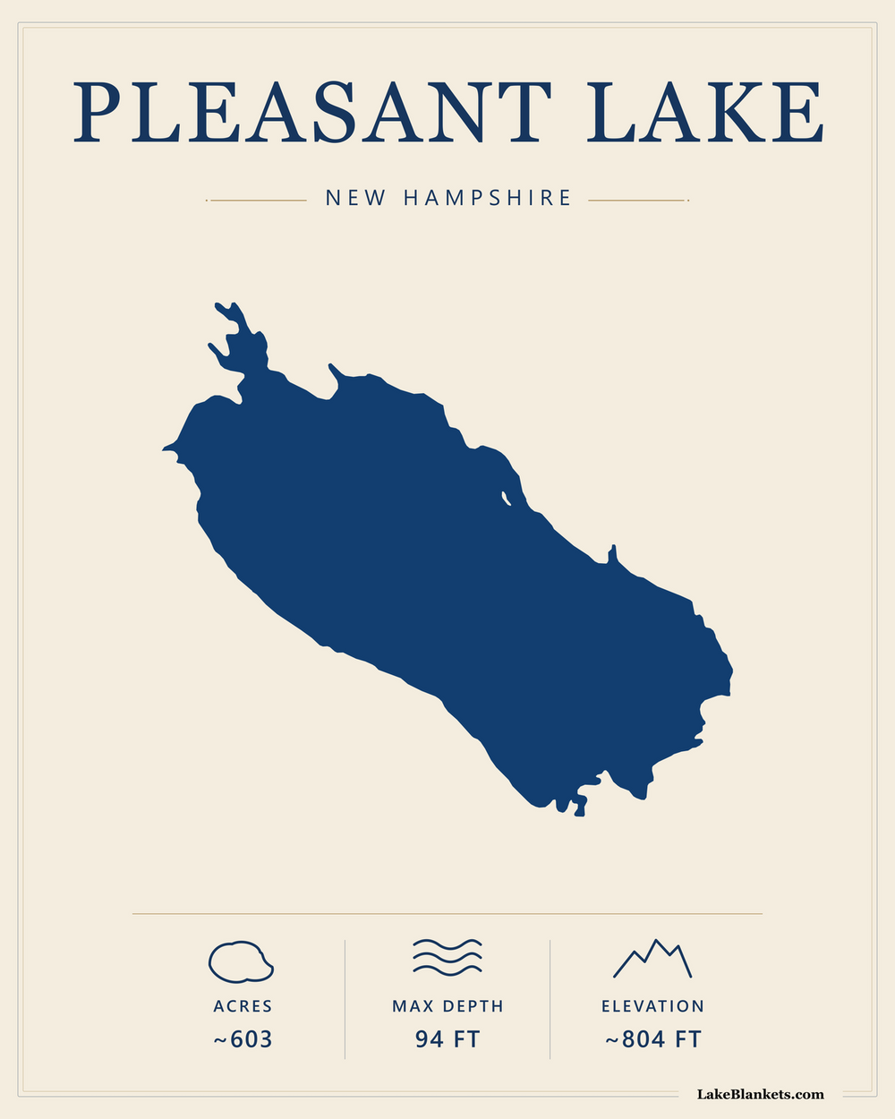Pleasant Lake New London New Hampshire minimalist lightweight fleece blanket with navy lake silhouette