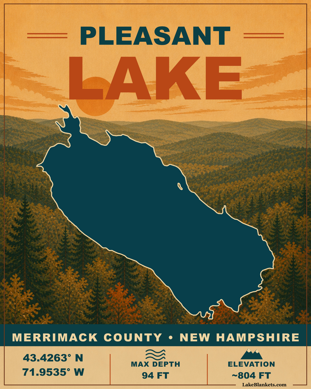 Pleasant Lake New London New Hampshire vintage Sherpa blanket with lake silhouette and autumn mountain scene