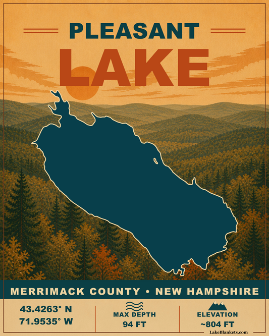 Pleasant Lake New London New Hampshire vintage Sherpa blanket with lake silhouette and autumn mountain scene