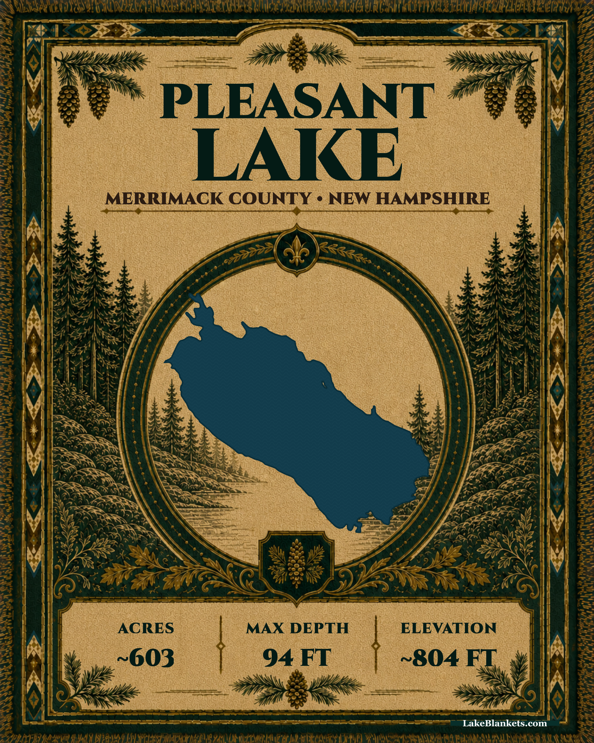 Pleasant Lake New London New Hampshire Woven Heritage blanket with lake medallion evergreen border and fringe