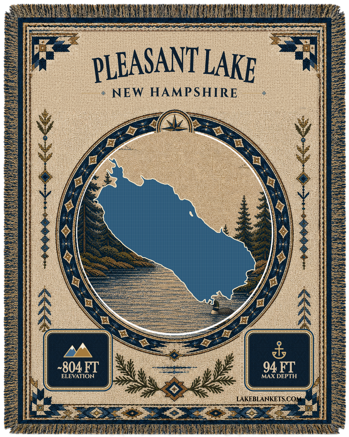 Pleasant Lake New London New Hampshire woven landmark medallion blanket with Mount Kearsarge and loon scene