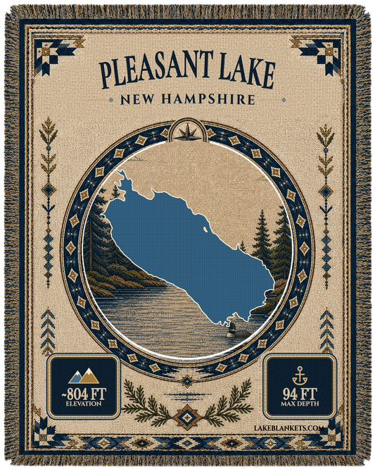 Pleasant Lake New London New Hampshire woven landmark medallion blanket with Mount Kearsarge and loon scene