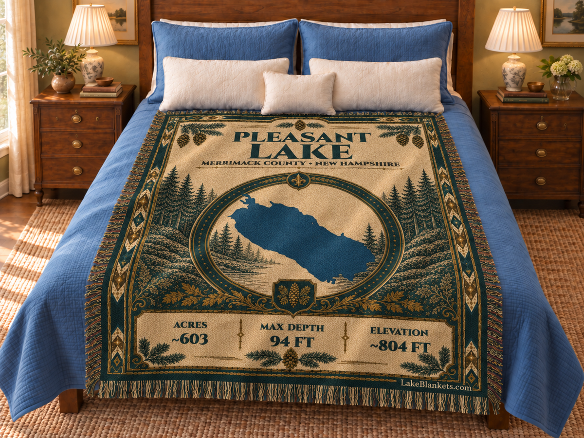 Pleasant Lake (New London) Woven Heritage blanket displayed on a bed