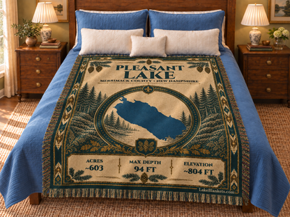 Pleasant Lake (New London) Woven Heritage blanket displayed on a bed