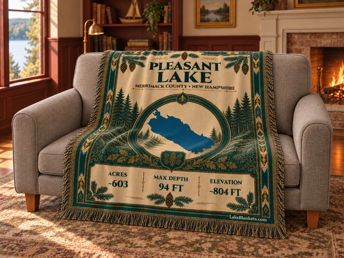 Pleasant Lake (New London) Woven Heritage blanket draped over a couch