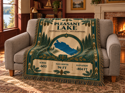 Pleasant Lake (New London) Woven Heritage blanket draped over a couch