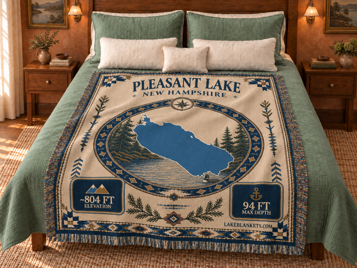 Pleasant Lake (New London) Woven Landmark Medallion blanket displayed on a bed