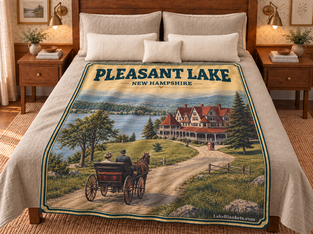 Pleasant Lake (New London) Photoesc blanket displayed on a bed
