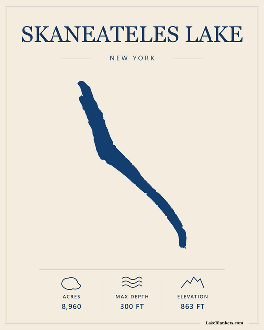 Skaneateles Lake New York minimalist fleece blanket with exact long curving Finger Lake silhouette and verified acreage, depth, and elevation