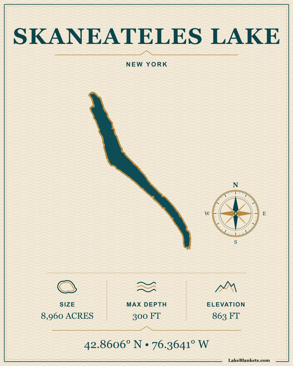 Skaneateles Lake New York navigation fleece blanket with exact long curving lake silhouette, compass, coordinates, and verified facts