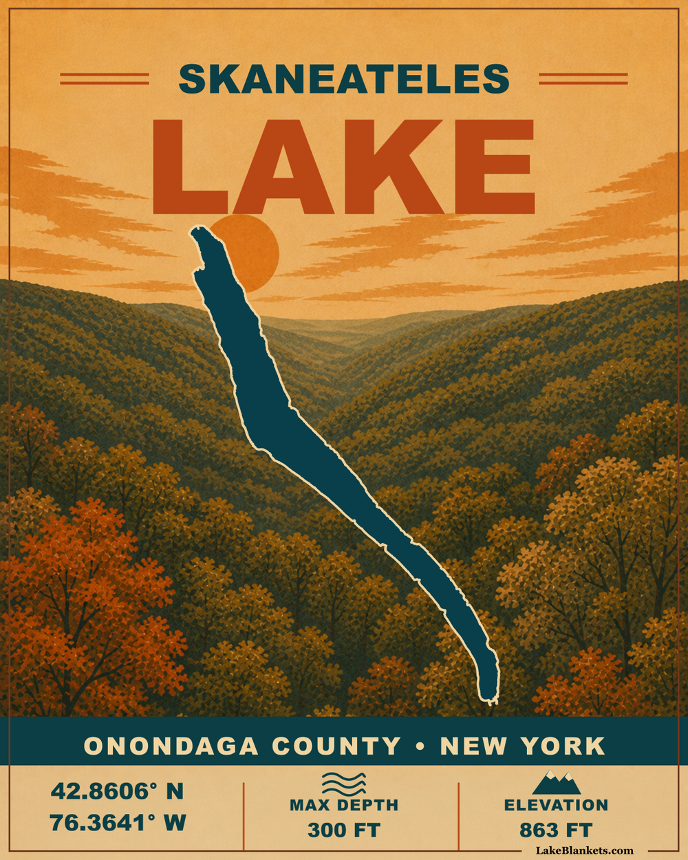 Skaneateles Lake New York vintage sherpa blanket with exact long lake silhouette, autumn Finger Lakes hills, sunset, coordinates, depth, and elevation