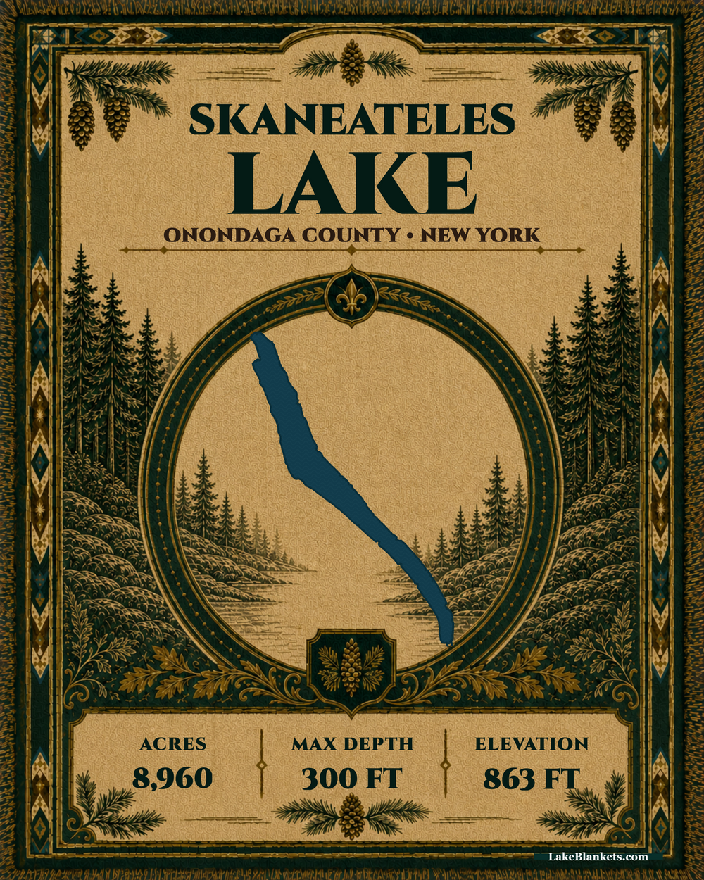 Skaneateles Lake New York woven heritage blanket with exact long lake silhouette, evergreen medallion, verified facts, ornamental border, and fringe