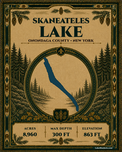 Skaneateles Lake New York woven heritage blanket with exact long lake silhouette, evergreen medallion, verified facts, ornamental border, and fringe