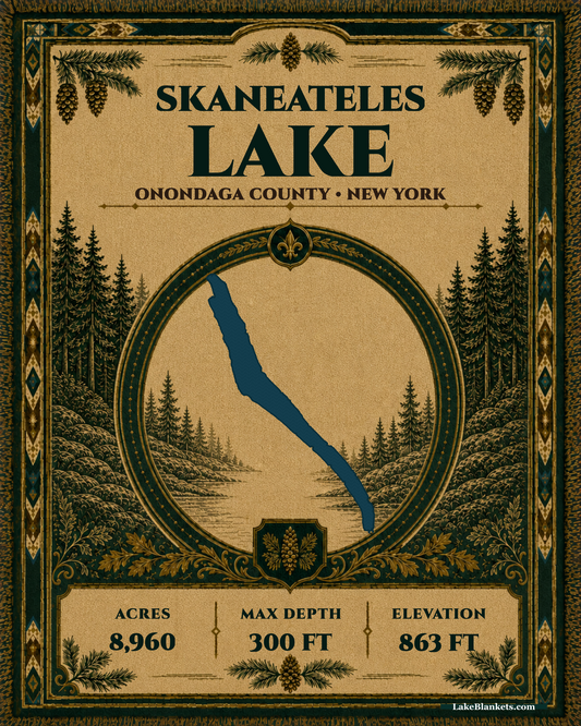 Skaneateles Lake New York woven heritage blanket with exact long lake silhouette, evergreen medallion, verified facts, ornamental border, and fringe
