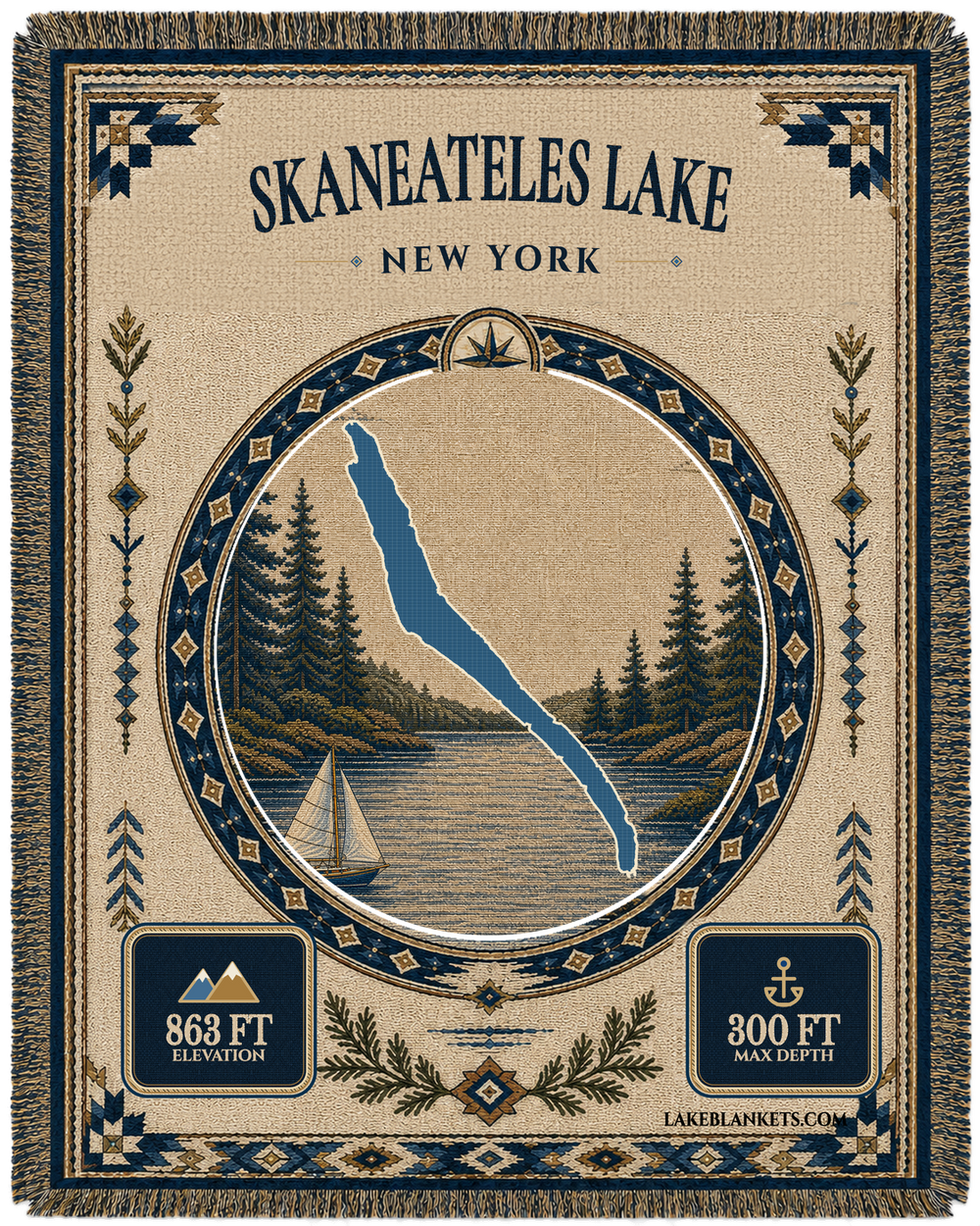 Skaneateles Lake New York landmark woven blanket with exact long lake silhouette, original Lightning heritage sailboat scene, depth, elevation, border, and fringe