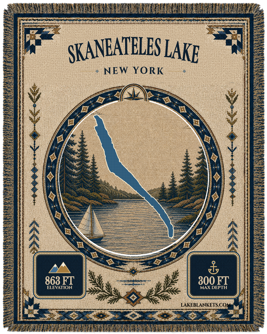 Skaneateles Lake New York landmark woven blanket with exact long lake silhouette, original Lightning heritage sailboat scene, depth, elevation, border, and fringe