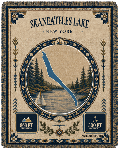 Skaneateles Lake New York landmark woven blanket with exact long lake silhouette, original Lightning heritage sailboat scene, depth, elevation, border, and fringe