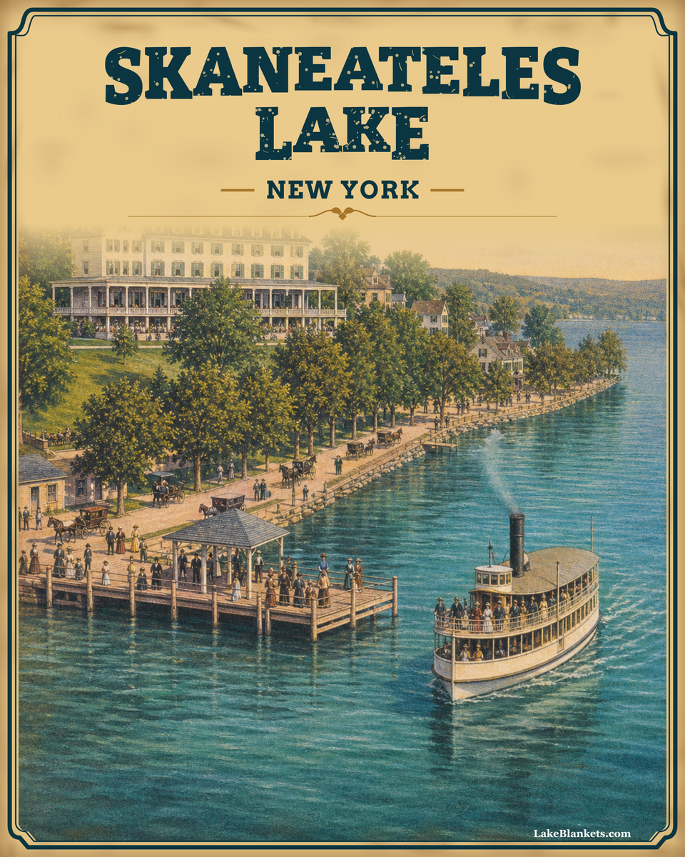 Skaneateles Lake New York sherpa blanket with vintage postcard scene of the Sherwood Inn waterfront, village pier, tree-lined shore, and excursion boat