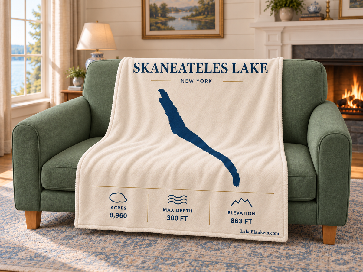 Skaneateles Lake Minimalist blanket draped over a couch