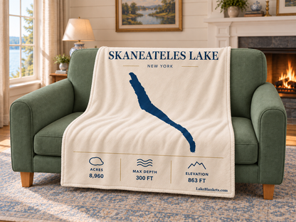 Skaneateles Lake Minimalist blanket draped over a couch