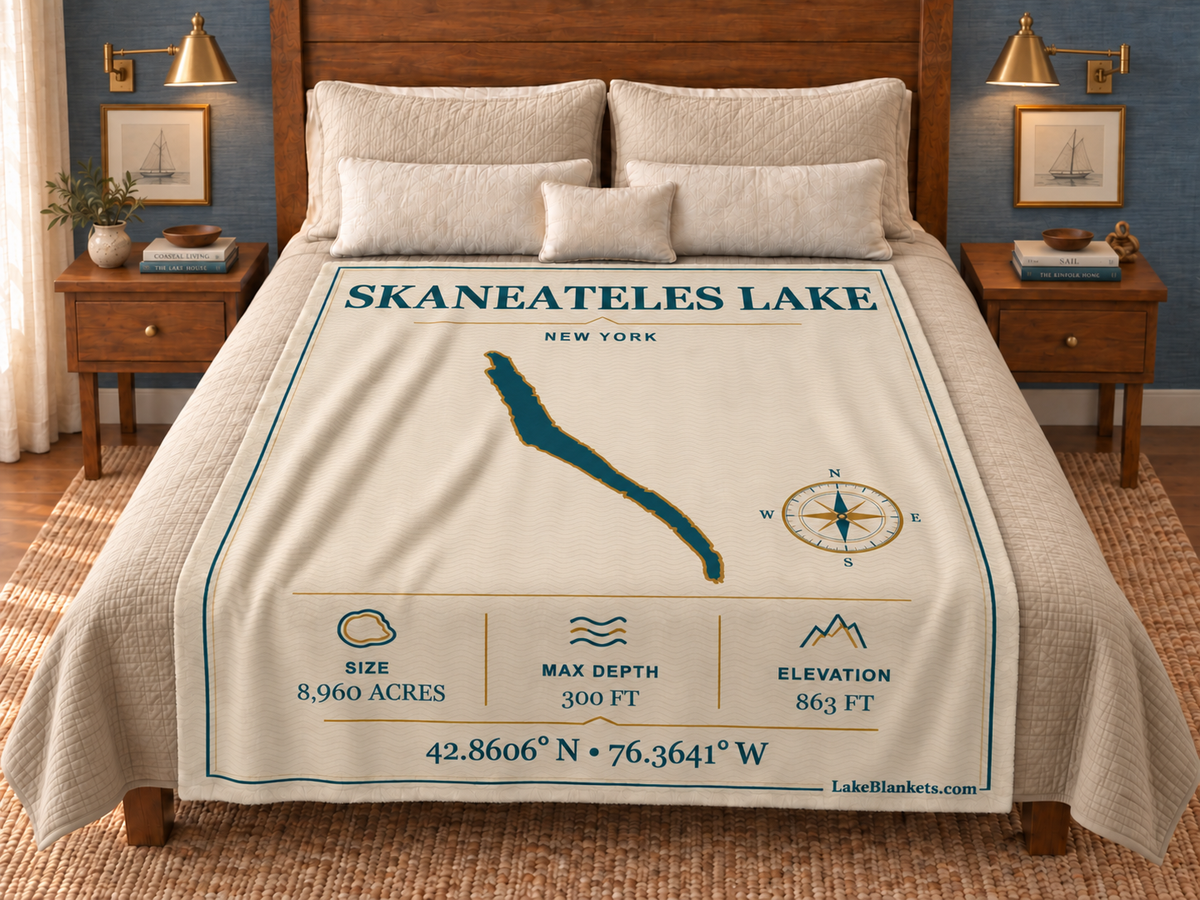 Skaneateles Lake Minimalist Navigation blanket displayed on a bed