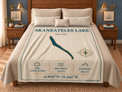 Skaneateles Lake Minimalist Navigation blanket displayed on a bed