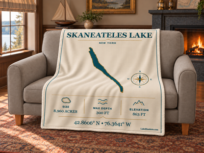 Skaneateles Lake Minimalist Navigation blanket draped over a couch