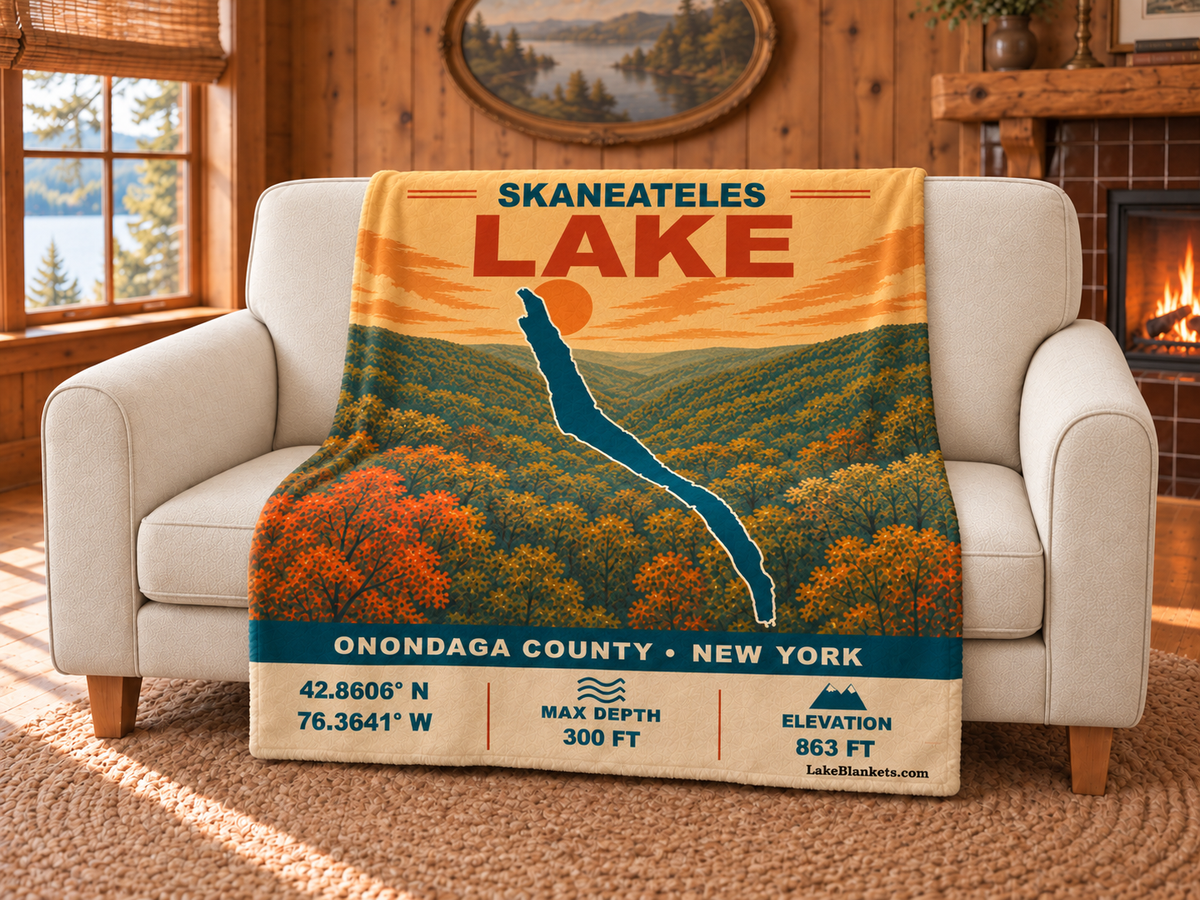 Skaneateles Lake Vintage blanket draped over a couch
