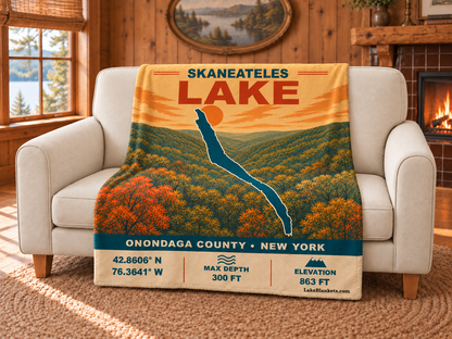 Skaneateles Lake Vintage blanket draped over a couch