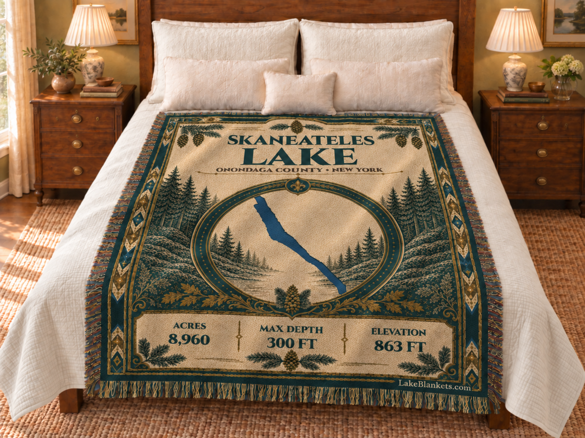 Skaneateles Lake Woven Heritage blanket displayed on a bed